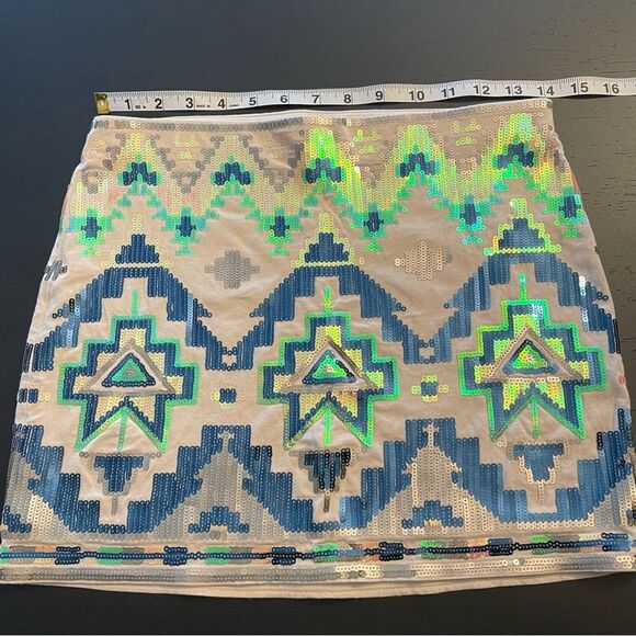 Express Aztec Western Sequin Peach Multicolor Lined Mini Skirt Women’s Size XS - Picture 5 of 6